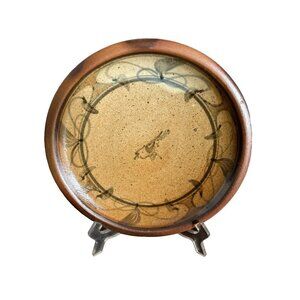 Vermont Pottery 11" Stoneware Dish Brown Plate Blue Abstract Design